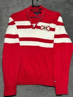 Tommy Hilfiger Half Zip Knit – Red White Striped – Size S