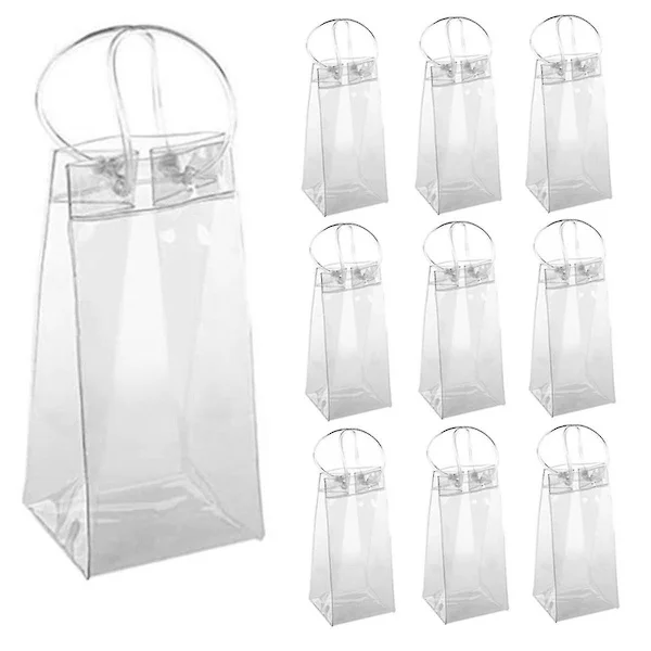 Pakke med 10 Vin Kølepose Ispose Transparent PVC Bærbar Vin Flaske Kølepose Champagne Ispose med Håndtag (FMY)