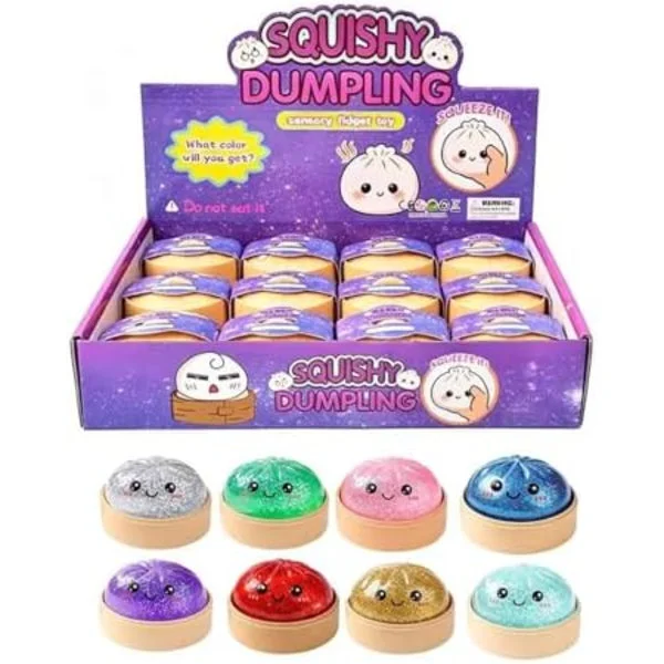 Glitter Dumpling Squish-y | 12 st Squish-y Squeeze Dumplings Bullar med Steamer, Färgglada Squishies Dumplings Stressbollar Leksaker, Mjuk Squeeze De