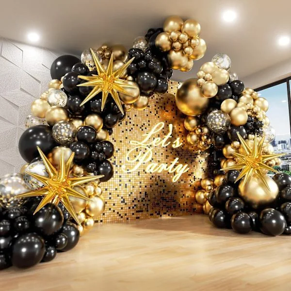 Svart och guld ballonggirlang båge kit, svart guld konfetti latex ballonger för examen nyår årsdag födelsedagsfest dekorationer
