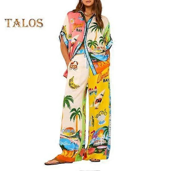 2 stk./sæt Dame Skjorte Bukser Sæt Hawaii Ferie Stil Farverigt Print Enkeltknappet Kortærmet Revers Top Høj Elastisk Talje Brede Ben Bukser