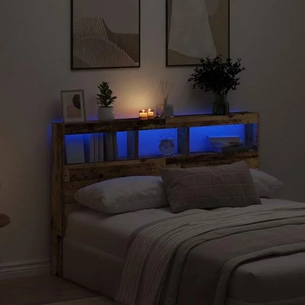 vidaXL Sänggavel med LED gammalt trä 160x17x102 cm 863131