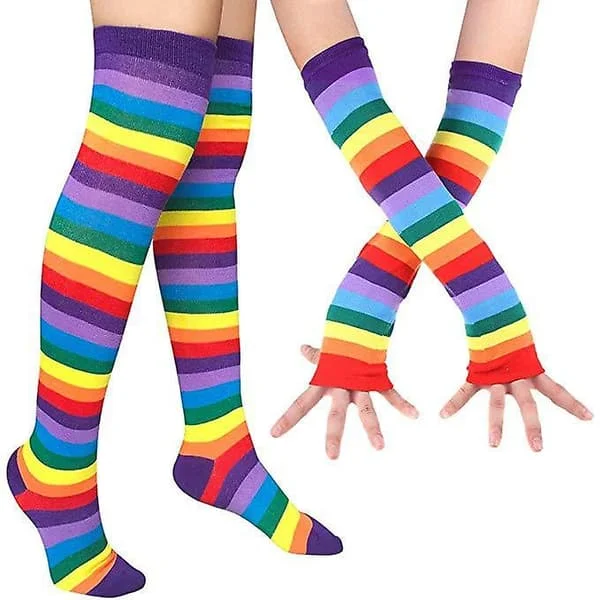 Over Knee Regnbue Lårhøje Strømper Handsker Sæt Cosplay Tilbehør Arm Benvarmere