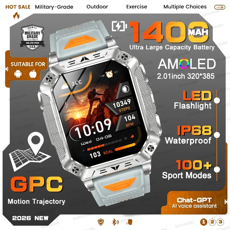 AliExpress - 2026 HOT Verbesserte Smartwatch für Herren mit 1400mAh Akkukapazität, Outdoor-GPS-Tracking, 5ATM Wasserdicht, HD-Anruf, SOS, Taschenlampe