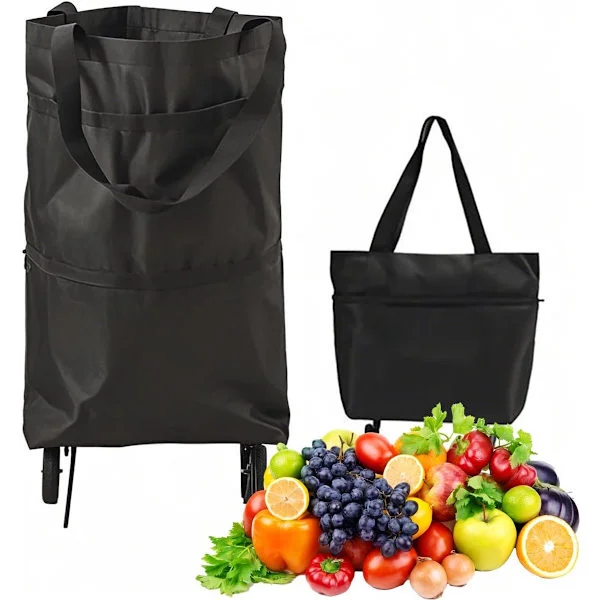 Sammenleggbar handlekurv med hjul, vanntett Oxford-veske 25 kg kapasitet, for dagligvarer, marked og reiser, svart 41x27x46cm