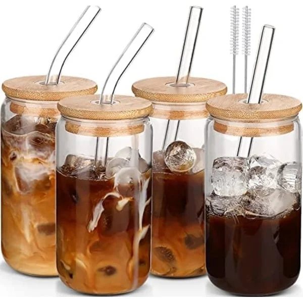Glas med låg og sugerør 4 stk. - DWTS Kaffekopper, drikkeglassæt, glas tumbler med sugerør