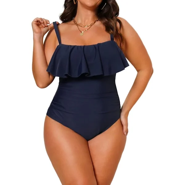 CUPSHE Baddräkt för kvinnor Plus Size One Piece Baddräkt Flytande volangkant Ruched Front Magkontroll Mörkblå Stor Mörkblå Stor