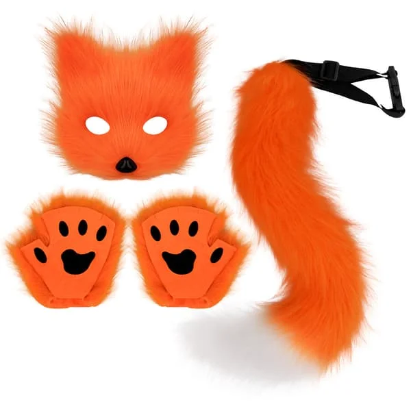 Kunstig Pels Revs Hale Katt Varulv Cosplay Kostyme Sett Plysj Maske Fluffige Poter Hansker Halloween Jul Oransje
