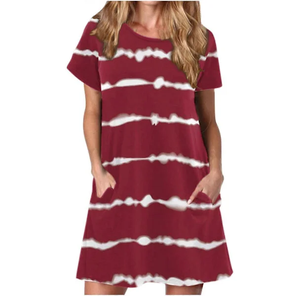 QLEICOM Kvinders Sommer Casual T-shirt Kjoler O-hals Korte Ærmer Løs Kjole Solkjole med Lommer Vin B L, US Størrelse: 8