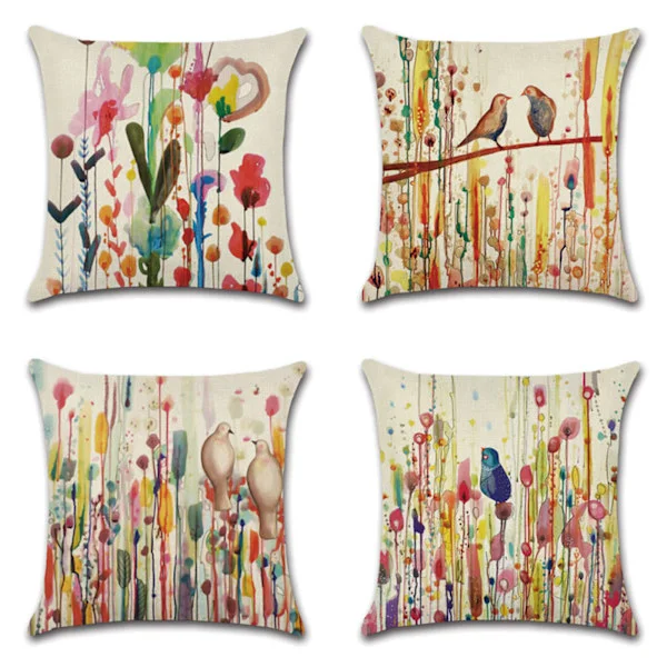 Putetrekk 45 x 45 cm, sett med 4 linputetrekk dekorasjoner blomst livets tre for sofa, hage utendørs, seng, sofa, bil (18"x18")