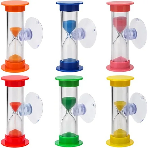 6 stk. timeglass-sett for tannpuss med 2- og 3-minutters tidtakere – Fargerik tannpuss-timer for barn – Tidsstyring for pussing, lekser