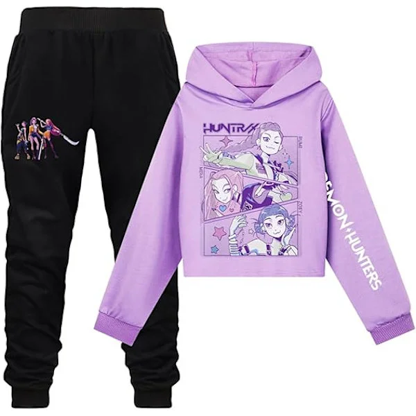 kpop demon hunders Flicktrøjer 2ST Demon Langærmede Trøjer og Joggingbukser Hunters Tegneserie Anime Tøj Outfits lilla
