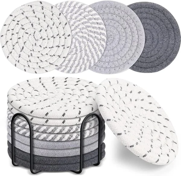 Set med 8 glasunderlägg med hållare, 4-färgade absorberande glasunderlägg, minimalistiska glasunderlägg i bomull, minimalistiskt set med glasunderlägg