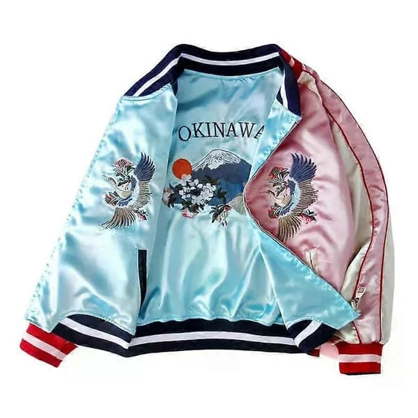 【BQ】Double-sided Satin Baseball Jacket Women Sukajan Bomber Jacket Female Embroidered Jacket for Girls 2025 Spring Autumn XS 35 45kg