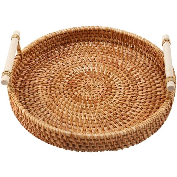 Rattan Storage Tray, Round Basket with Handle, Hand-Woven, Rattan Tray, Rattan Basket, Fruit, Food, Display Stand, Display Stand, L