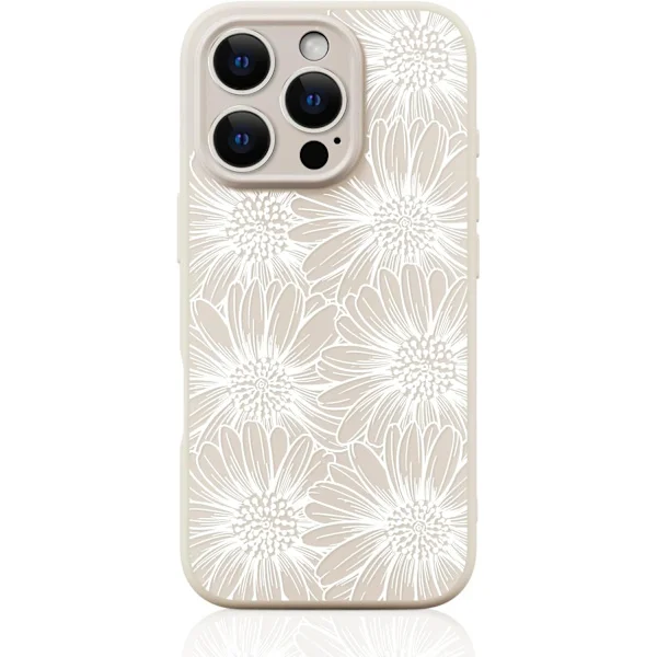 Silicone Case for iPhone 16 Pro Max Compatible with Magsafe Cute White Daisy Floral Design Shockproof Heavy Duty Protection for Women Girls