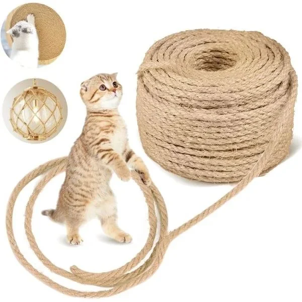 Naturligt sisalrep för reparation av klösträd och gör-det-själv-kattträd, möbelinpackning för husdjur, 6 mm x 15 m, beige