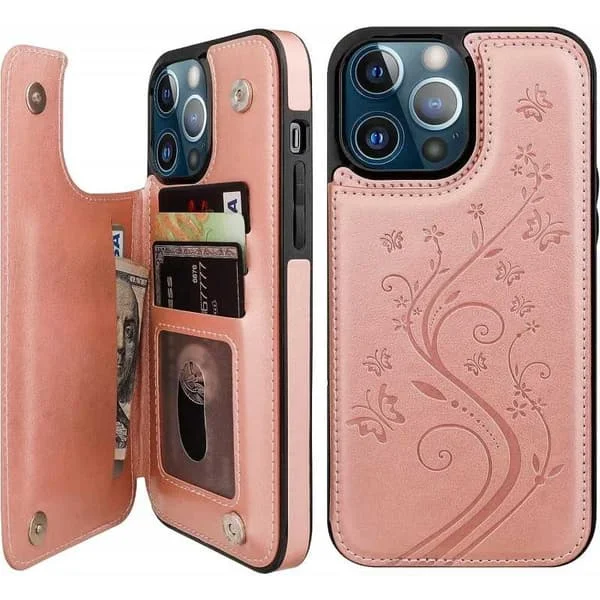 Hot tilbud til lav pris! Kompatibel med iPhone 14 Pro - Cover med 3 rum Kortholder Stødsikkert Rosaguld-Glad