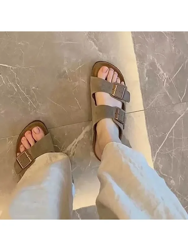 AliExpress - Sandales plates rétro en cuir pleine fleur avec semelle en liège, style été 2026, pour hommes et femmes, modèle unisexe, mules 