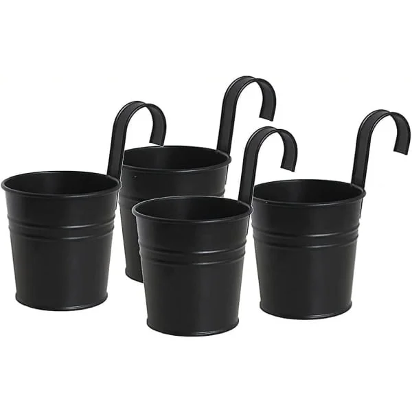 Sorte metal jern hængende blomsterkrukker, holdbare potter med aftagelig krog hængende planter til udendørs indendørs 4-pak