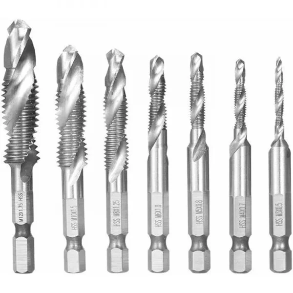 Borr för gängning - 7 gängverktyg/borr HSS M3-M12 - Hexagonstång 1/4" - Snabbbyte - Metall