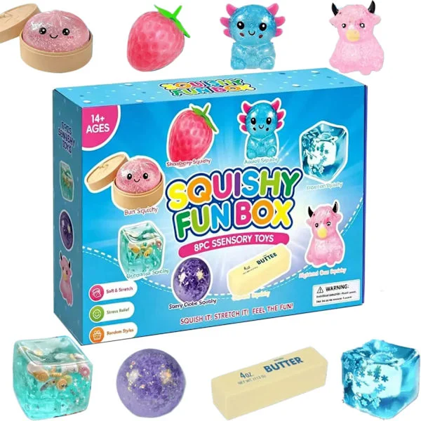 8-delars set Mystery Squishy Box Malt Sugar Stress Relief Fidget Toys, Kawaii Squishy Fidget Toys inklusive jordgubbe, katt tass, ostleksak, sensorisk