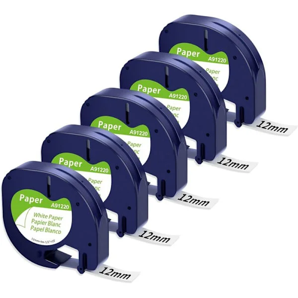 Papirtape kompatibel med Dymo LetraTag Papirtape 12mm x 4m Svart på Hvit, Påfyll Dymo LetraTag LT-100H LT-100T XR XM LT-110T, 5X Kompatibel DYMO L