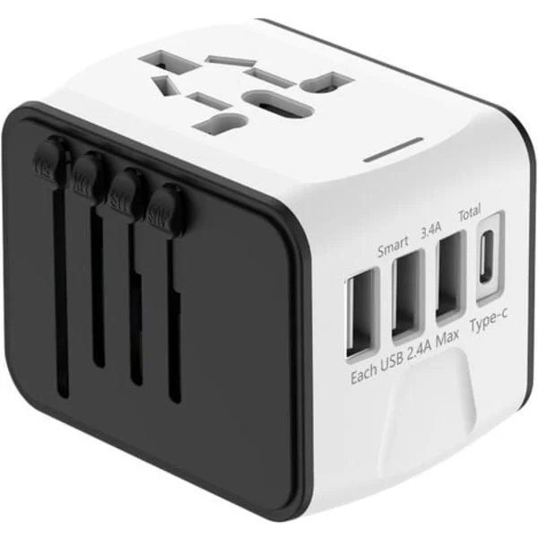 TS-Universal Internasjonal Reiseadapter med 3 USB og 1 Type C, 1500W, Støpsel Frankrike til USA Canada UK EU Australia Kina Japan