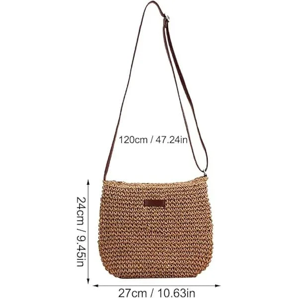 Unisex voksen sommer crossbody-veske strandvevd skulderveske håndveske brun skinn skulderveske