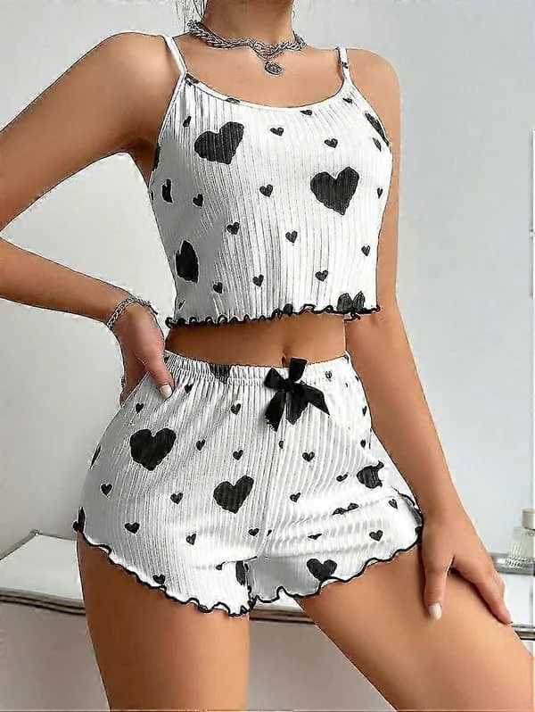 Kesäinen sydänkuvioinen toppi-pyjamassetti ja shortsit, 2 kpl oloasu naisille
