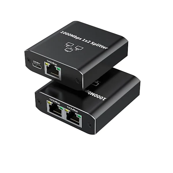 1000 Mbps Ethernet Splitter 1 til 2 Netværk Switch Ethernet Switch RJ45 LAN Internet Splitter med USB C Strømkabel til Computer, Hub, Switch, Router