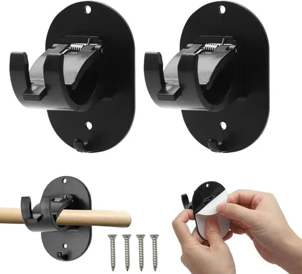 Curtain Rod Hooks 2 Pcs Self-Adhesive and Drillable Curtain Rod Holders, Hanging Hooks Including Screws, Curtain Rod Bracket for Rods with a 4 Black