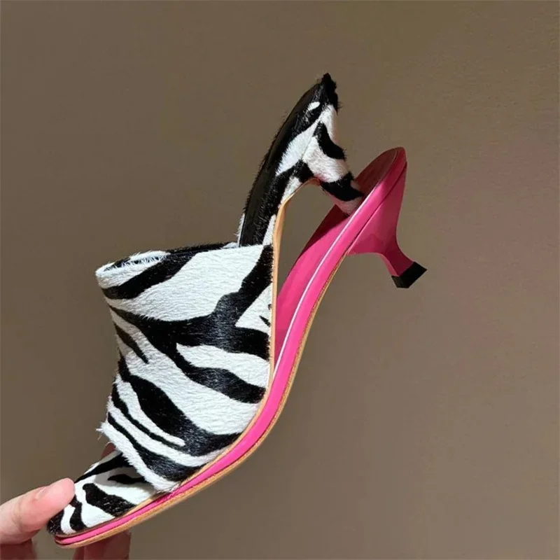AliExpress - 2025 Summer Leather High Heel Slippers Women Sandals Kitten Double Heels Mules Slides Designer Party Dress Shoes For Women