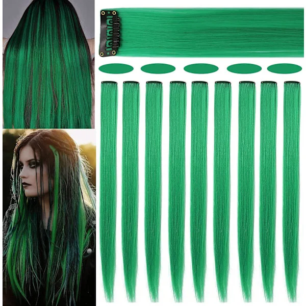 9PCS 21" Färgade Clip in Hair Extensions Gröna Hair Extensions för Clip in Gröna Hair Clips Hair Extensions för Flickor Party Highlights (Grön)
