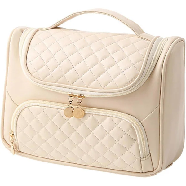 Travel Toiletry Bag Makeup Bag Large Capacity Portable Cosmetic Bag PU Leather Makeup Organizer Bag with Handle for Women Makeup Storage Beige