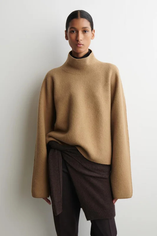 COS Women's Boiled Wool Funnel Neck Jumper in Beige