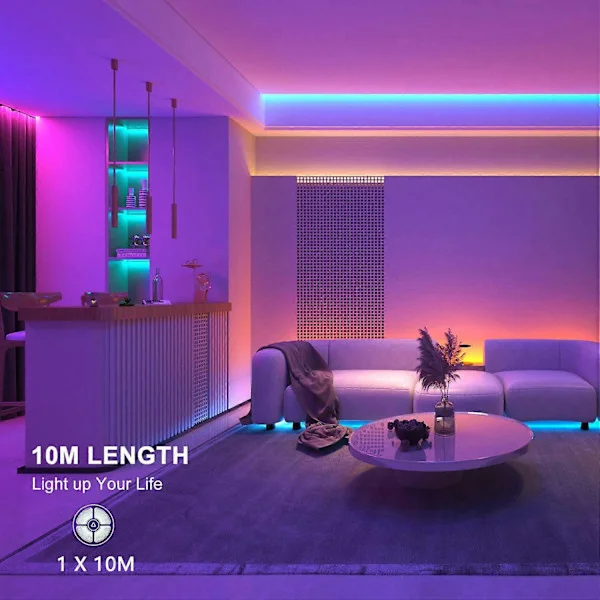 10M LED-stripe (1*10M), RGB LED-stripe Flerfarget LED-lys, med 44-tasters app-fjernkontroll, synkroniseres med musikk, for dekorasjon, bar, bryllup, 