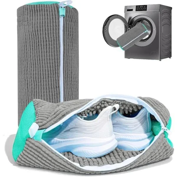2-pak skovaskeposer til vaskemaskine og tørretumbler, genanvendelig chenille mikrofiber rengøringspose til sneakers og børnesko, grå