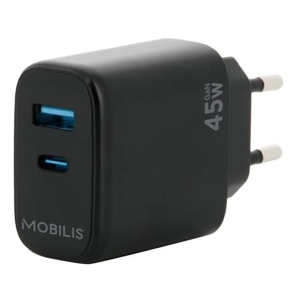 Laddare Sektor 45W GaN 1 USB-A-port & 1 USB-C-port, Snabbladdningsadapter för vägg för PC, surfplatta & smartphone