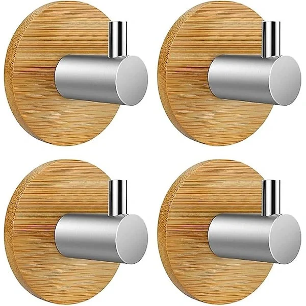 Självhäftande Krok Väggkrok Självhäftande Krok Badrum Kök Kontor Dörr, 4-pack (bambu och rostfritt stål, rund)_tfrf