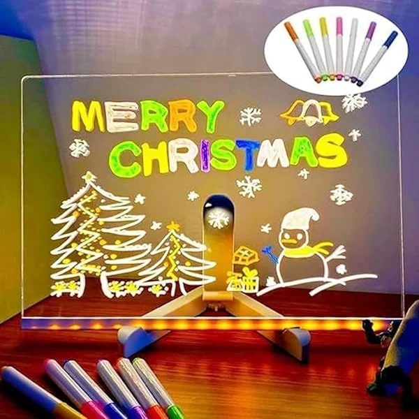 LED Color Board, Acrylic Whiteboard with Light, Stand as a Glowing Memo Board, Glass Board with LED Lighting and 7 Pens for School and Home 15x15cm
