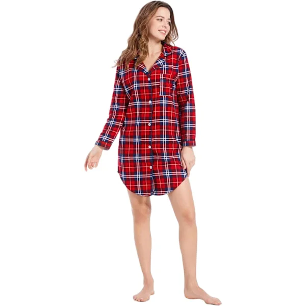 Dam Nattlinne Flanell Bomull Nattlinne Rutigt Nattlinne Långärmad Knäppt Pyjamas Sovkläder Plus Size Julrutigt Liten