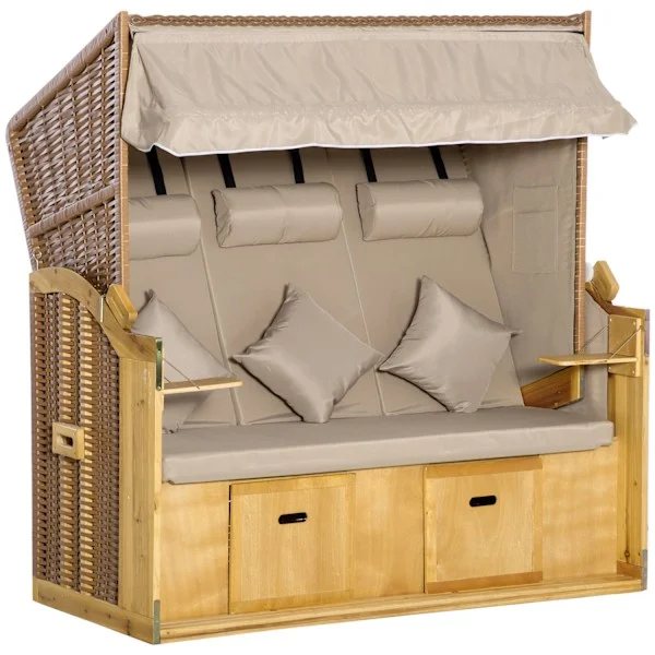 Solstol 3-sits solstol med tak och 2 hopfällbara bord, fotstöd, XXL polyrattan naturell, 150x79x160cm för trädgård & terrass |.de