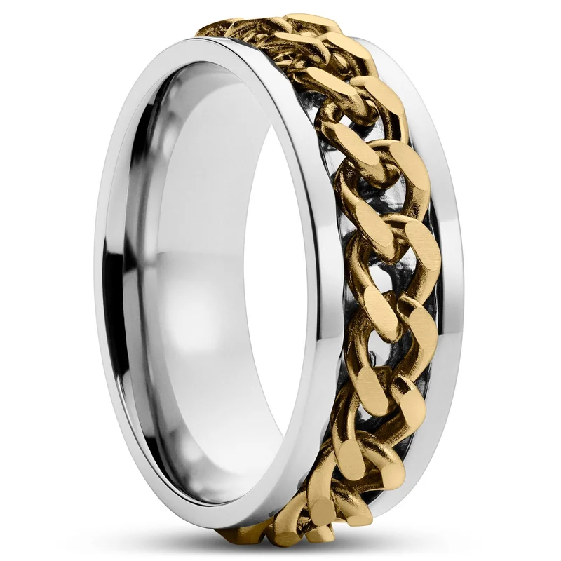 Sentio | Anillo de acero inoxidable con cadena barbada en plateado y dorado para hombres - Anillos de acero