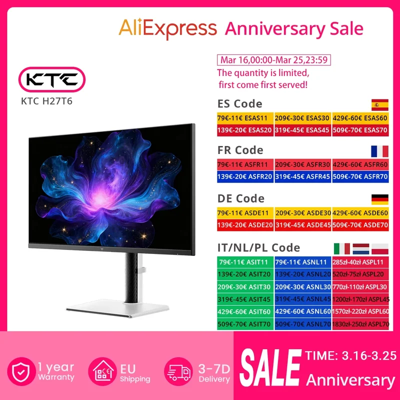 AliExpress - KTC H27T6 Flat Fast IPS QHD 2560*1440@200Hz Overdrive to 210Hz, 1ms GTG Response Time, 450 cd/m2, 27"2K Gaming Monitor, Dual Speakers, 
