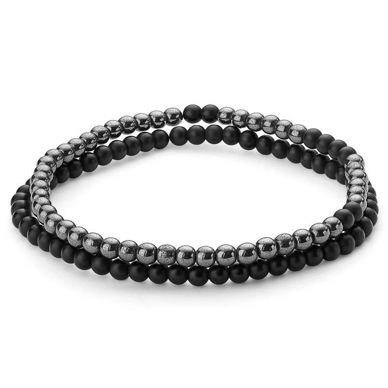Dunne Armbandenset van Matte Onyx en Hematiet voor mannen - Kralenarmbanden