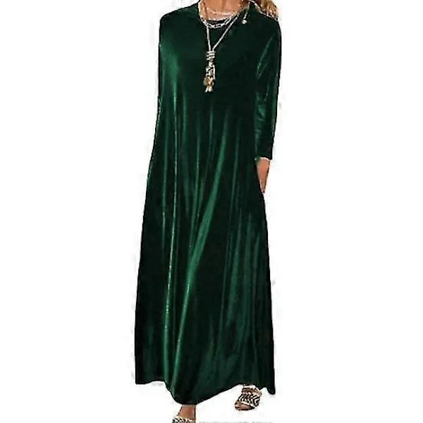 Autumn Spring Women Dress Round Neck Loose Solid Color Long Sleeve Sweater Soft Warm Casual Ankle Length Maxi Dress dark green