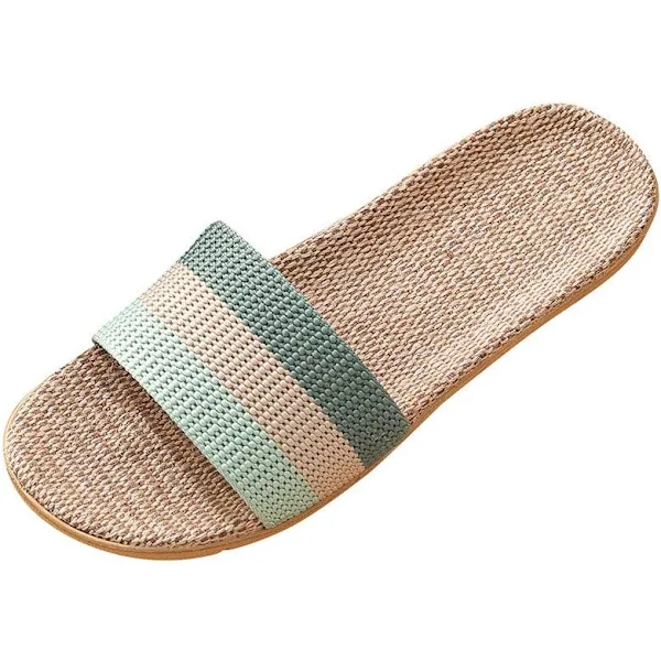 Damesko Åben Tå Sandaler Sommer Hør Regnbue Bred Pasform Slides Sandaler Linned Slip On Hjemmesko Bambus Sandaler Sko
