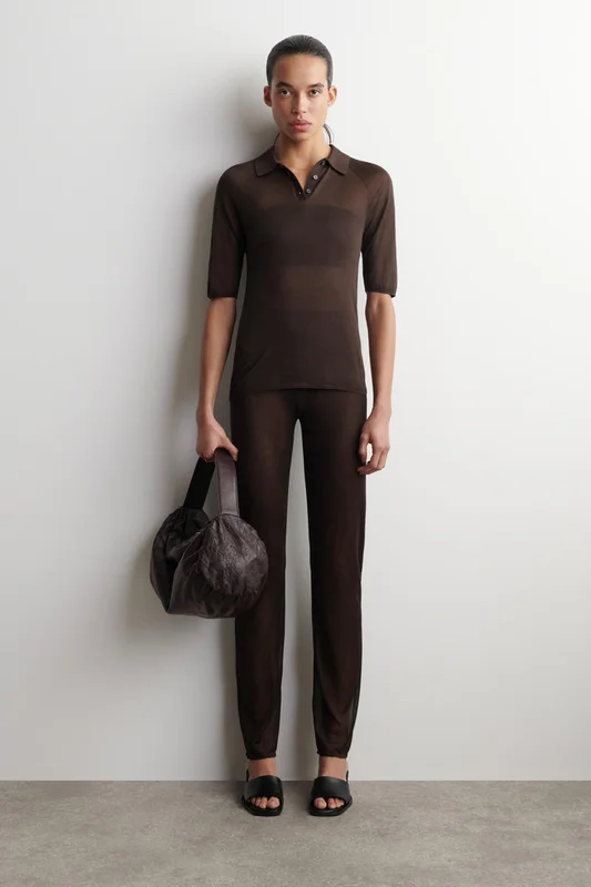 COS Women's Seamless Sheer Knitted Silk Trousers in Brown