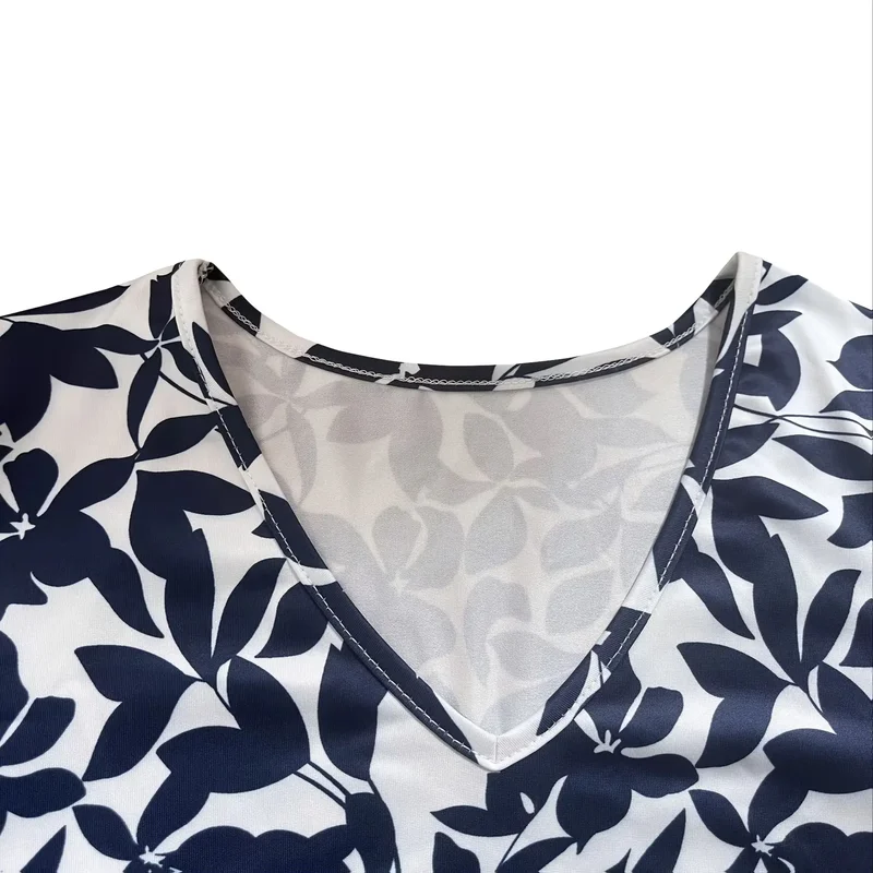 AliExpress - Marineblauwe damesjurk met bladprint, zomerse casual V-hals, korte mouwen, A-lijn, zwierige zomerjurk